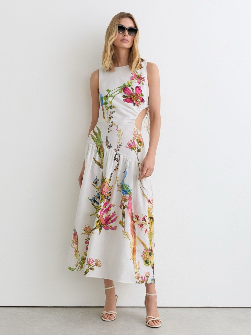 NEW Reiss Bianca Floral & Peacock Print Side Cutout Midi Dress, Size 6